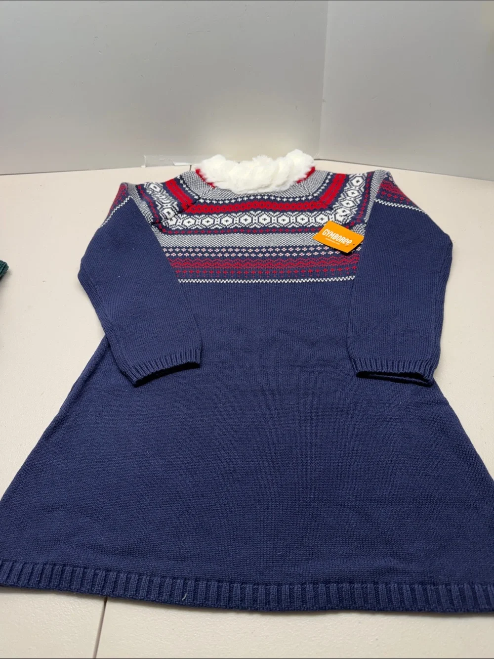 Gymboree Navy, Red & White Fair Isle Knit Dress with Faux Fur Collar